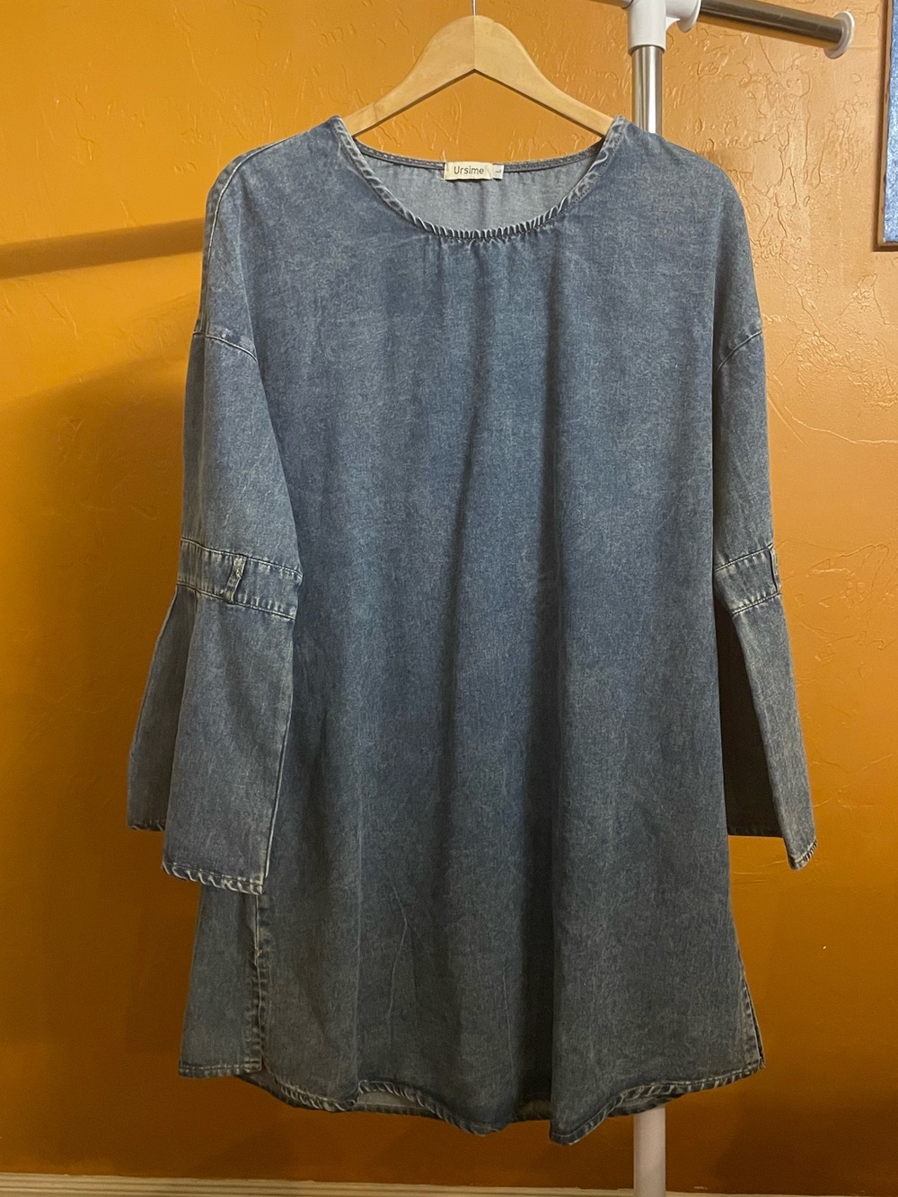 Ursime Denim Bell Sleeve Dress in Washed Blue Size Large # 35